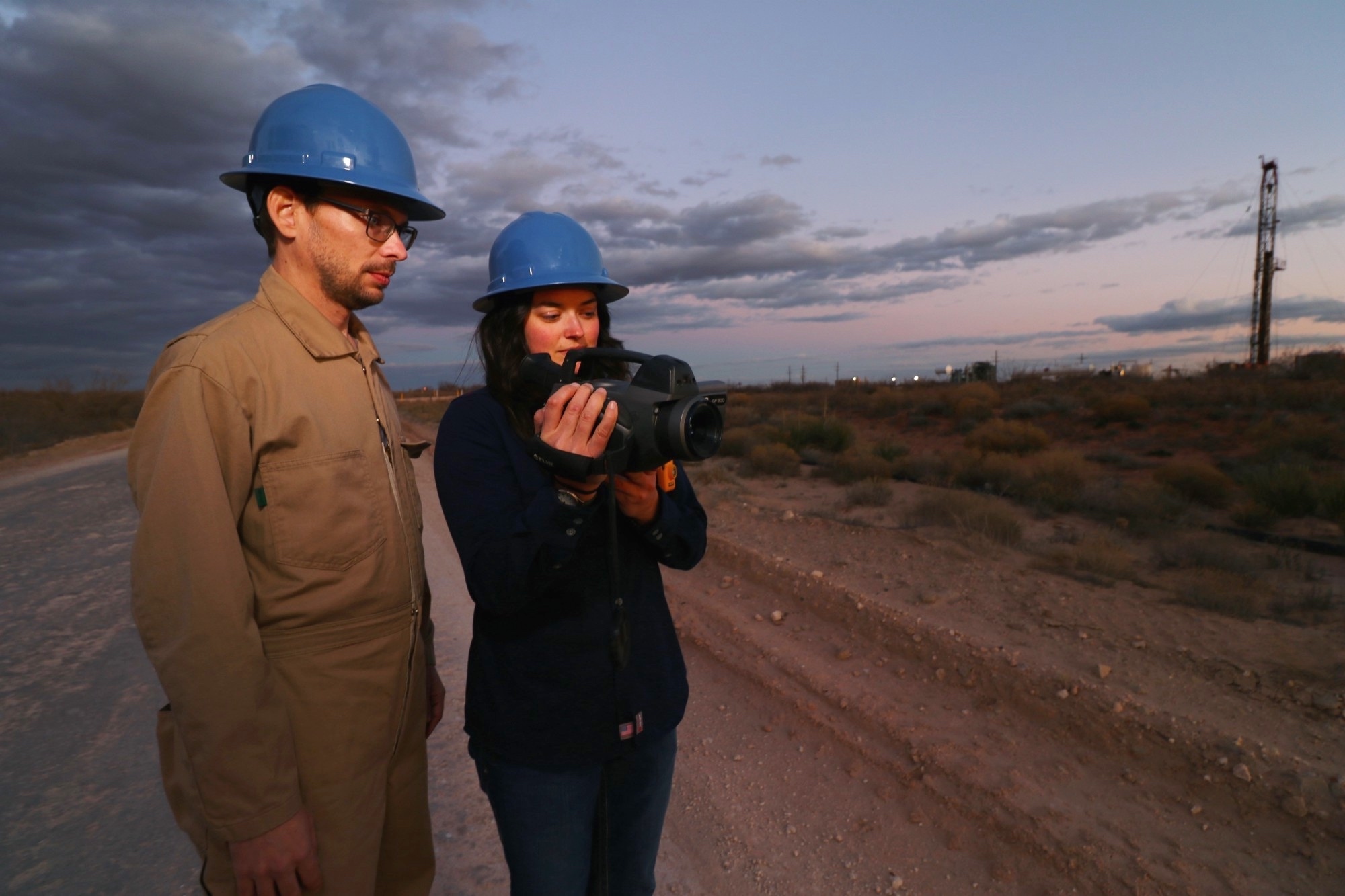 Methane hunters Dr. David Lyon and Dr. Anna Robertson on-site in the Permian Basin