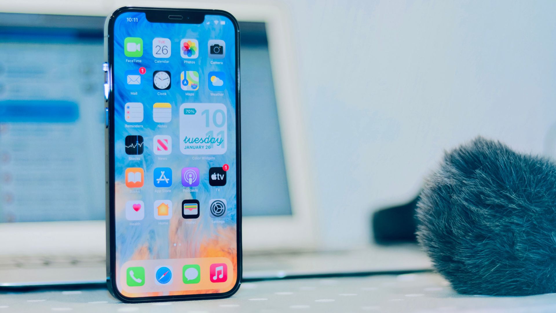 An iPhone standing up on its own like a terrifying, sentient phone