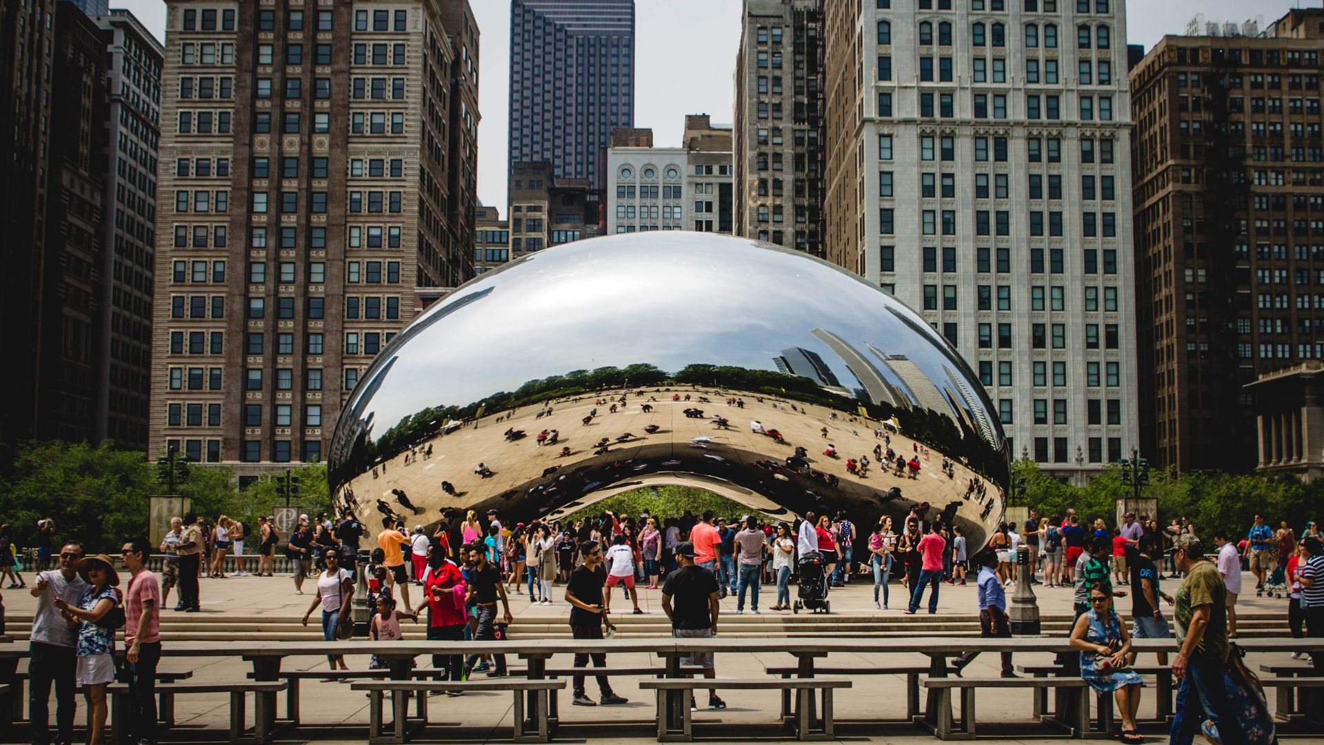 A shot of "the bean" in Chicago which is a big shiny, reflective, metallic orbish thing