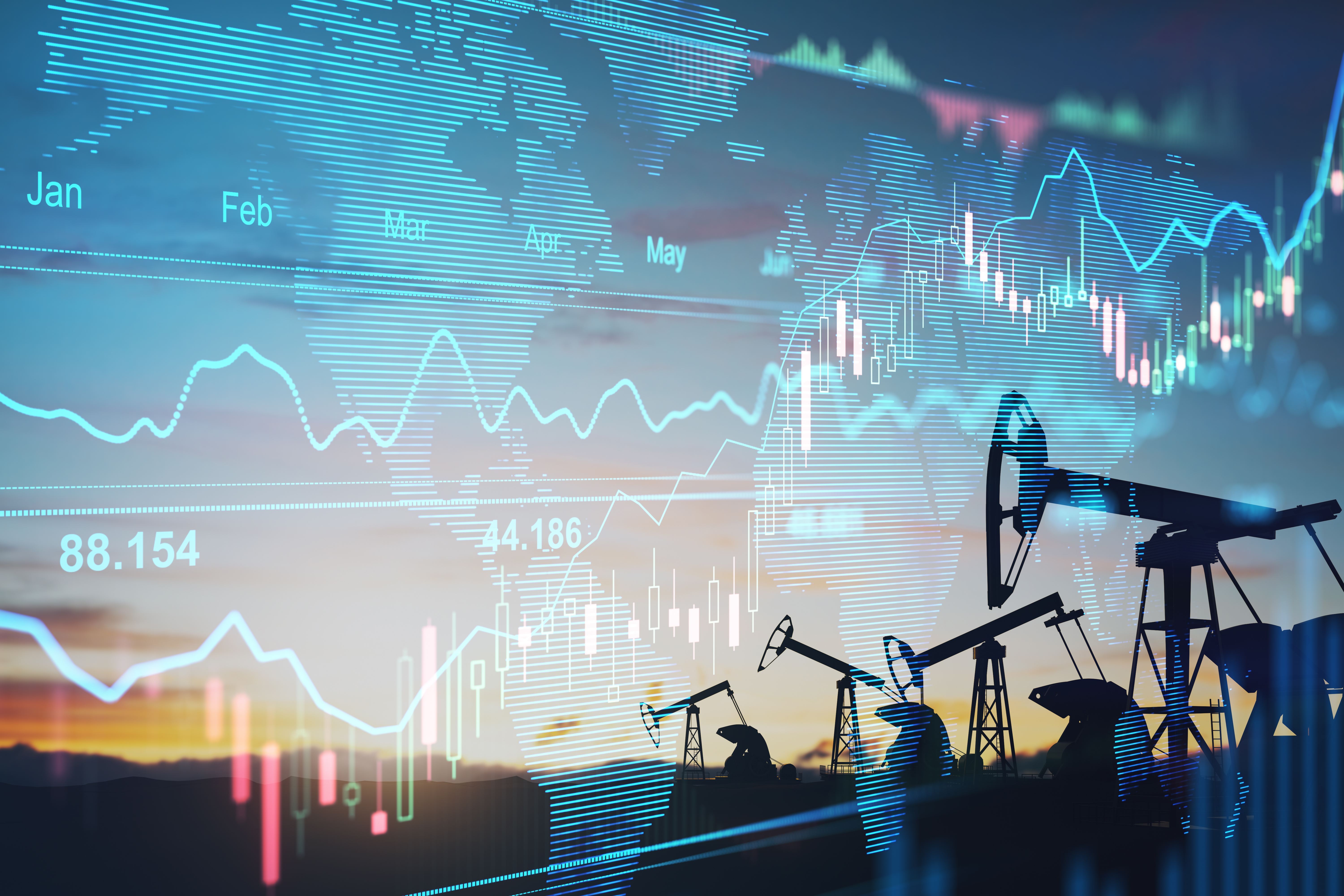 oil and gas pumpjacks stock market finance candlesticks