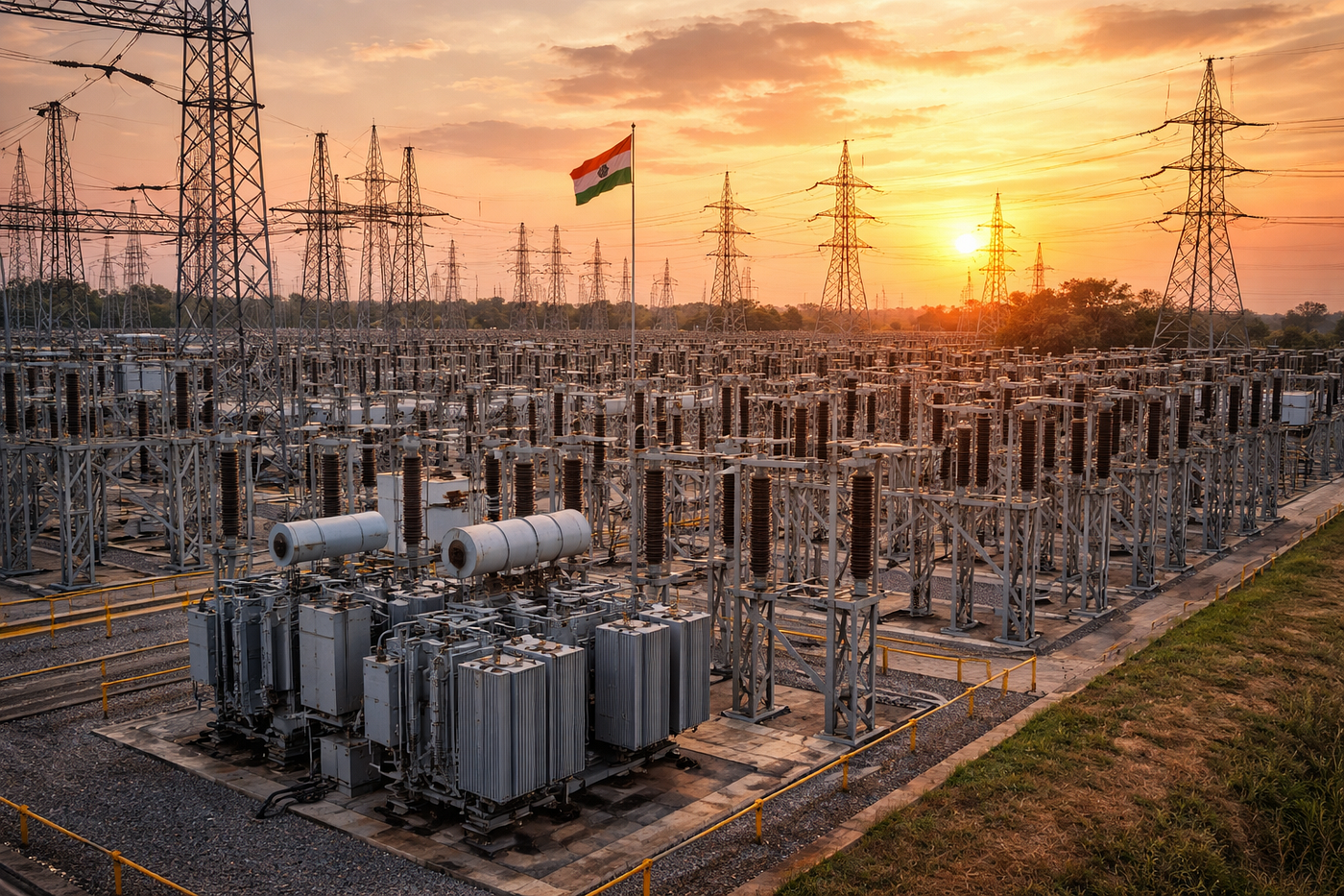 A power grid in India with the sunset in the background.