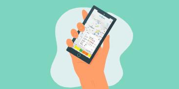 Illustration of a hand holding a smartphone displaying the Air Tracker map.