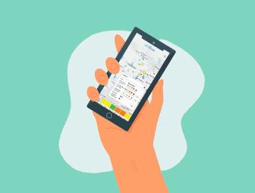 Illustration of a hand holding a smartphone displaying the Air Tracker map.