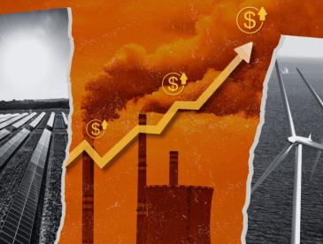 Illustration showing pollution and a line graph with an arrow pointing up to indicate rising costs.