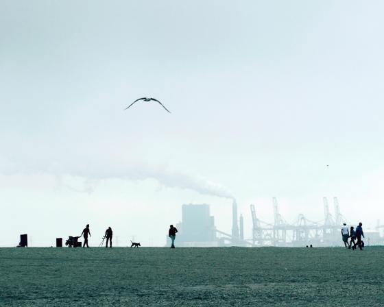 Distant view of people in a field, with a factory in the background releasing smoke.